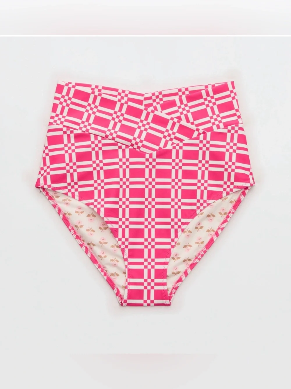 Aerie High Rise Full Coverage Crossover Bikini Bottom NWT Pink Punch Plaid Swim - Picture 3 of 4